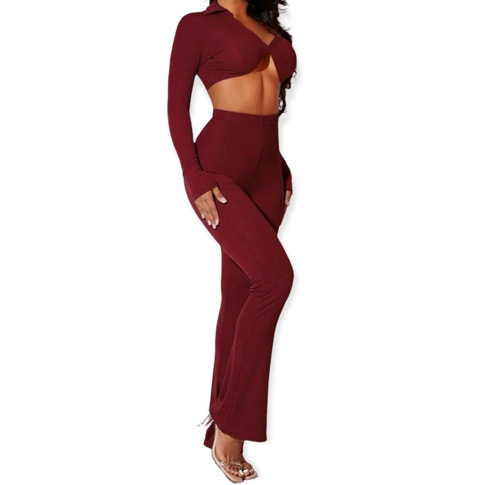 SHEIN Red Ribbed Crop Top & Split Hem Pant 2 Piece Set